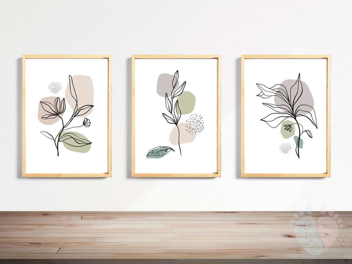 Floral Line Prints On Canvas Paper With a Matte Finish, Showcasing Three Abstract Florals