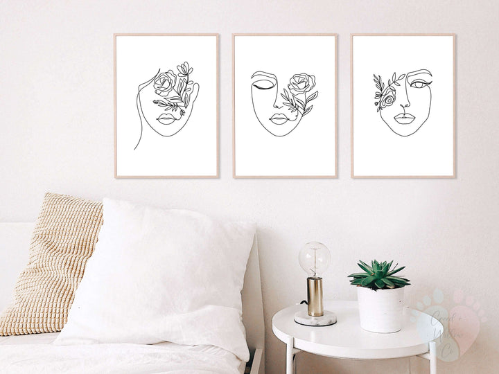 Flower Face Wall Art Prints On Archival Paper, Featuring Three Line Art Designs