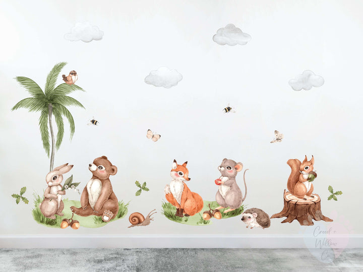 self-adhesive nursery wall decal featuring forest animals in neutral colours

