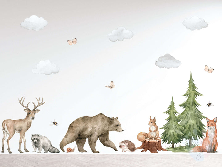 Forest Animal Wall Decals Featuring Vibrant Trees And Animals Around a Tree Stump