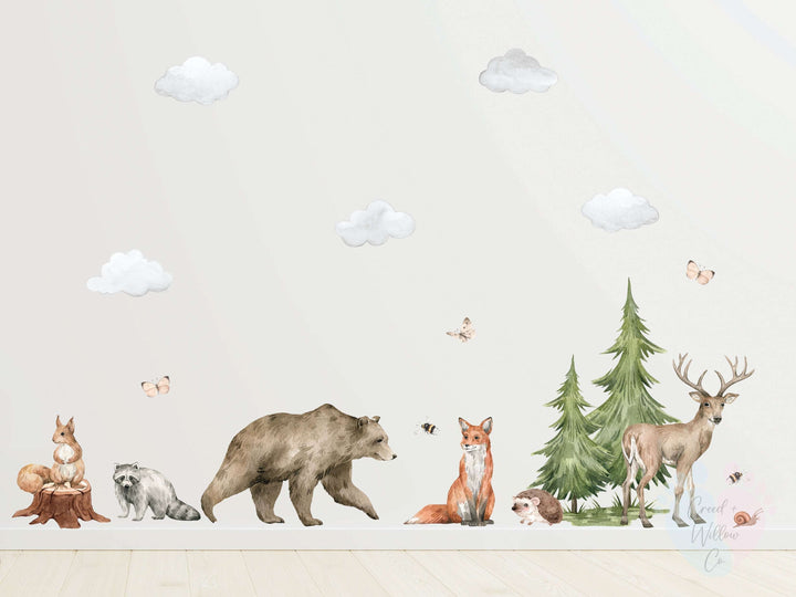 Forest Animal Wall Decals Featuring Trees And a Tree Stump