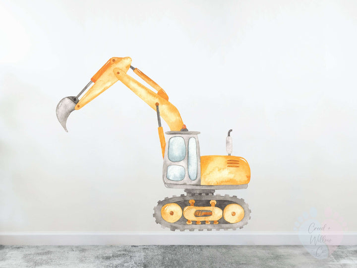 large construction vehicle wall decal featuring diggers dump trucks and cranes
