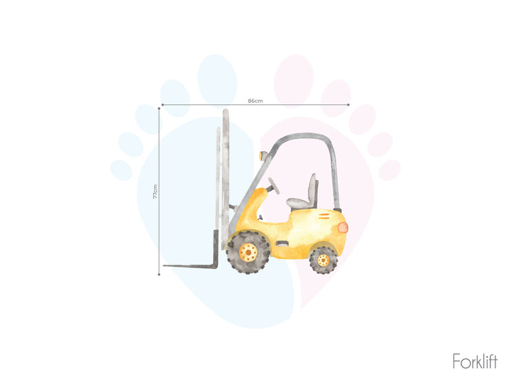 Gigantic Construction Wall Sticker Featuring Detailed Fork Lift Dimensions Near a Dump Truck