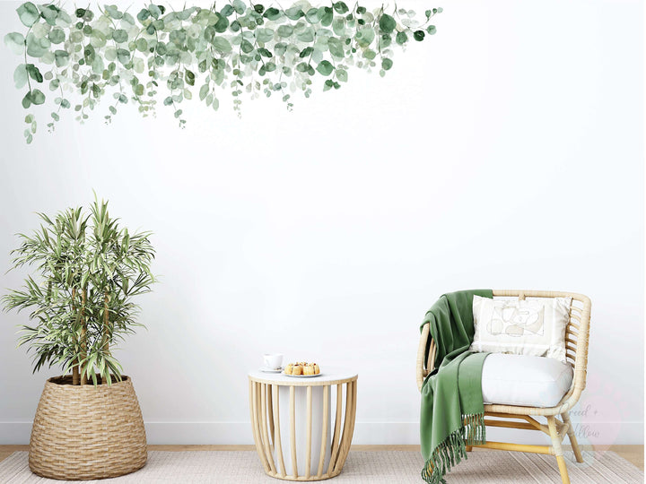 Nature’s Beauty Corner Vine Wall Decals Above White Wall With Hanging Green Plant