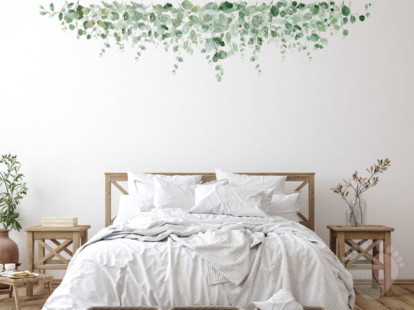 Large Size Vine Wall Stickers In Bedroom With Hanging Greenery Mural Over Bed