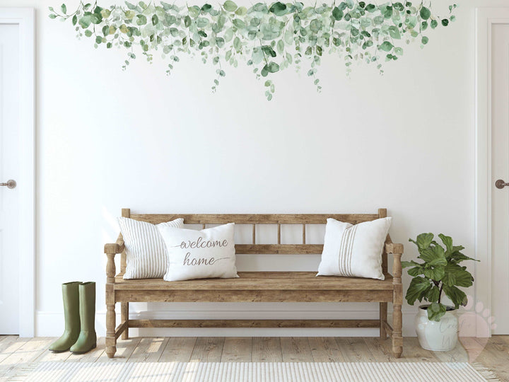 Large Size Vine Wall Stickers Featuring Hanging Greenery Eucalyptus Leaf Mural