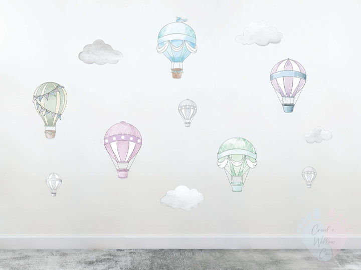 Colorful Hot Air Balloons And Fluffy Clouds Wall Stickers On a White Wall