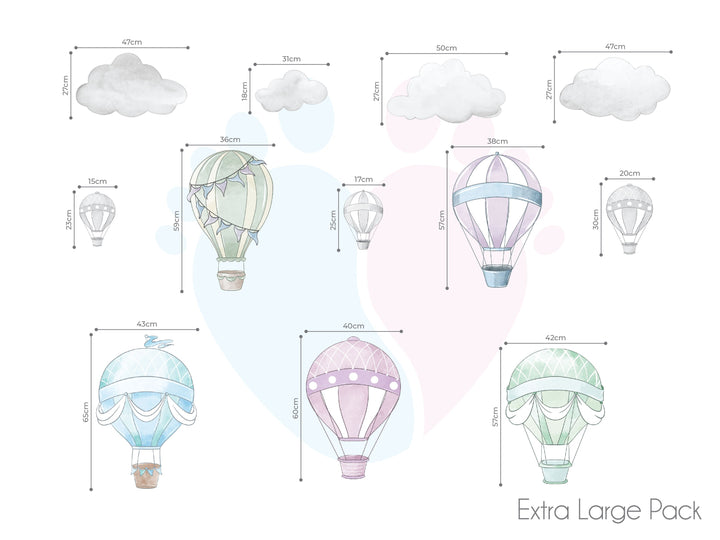 Colorful Hot Air Balloon Wall Stickers Against Fluffy Clouds And White Sky