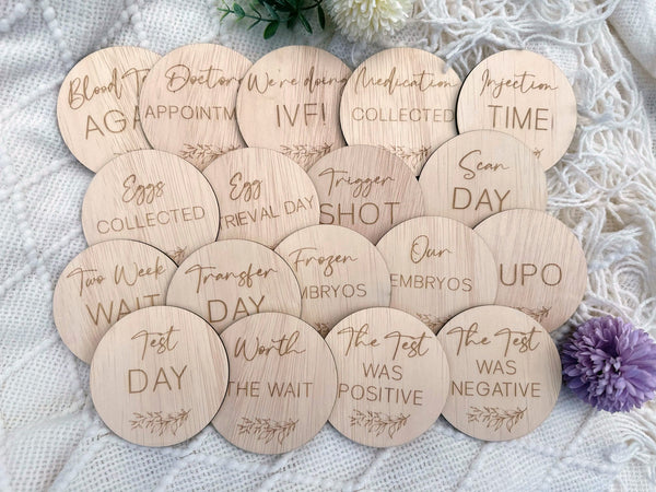 Set Of Laser Cut Ivf Milestone Cards With Engraved Fertility Treatment Phrases