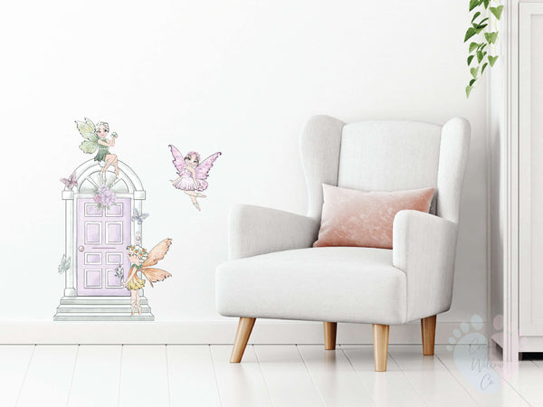 purple fairy door wall decal with sparkles and butterflies for girls nursery