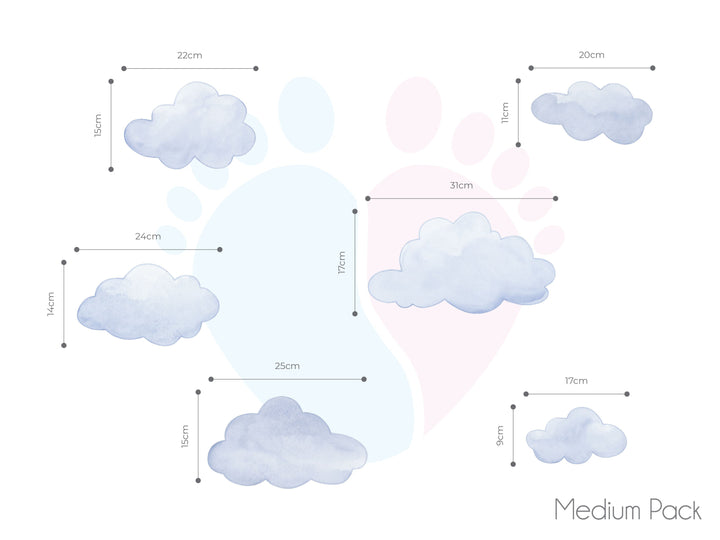 Light Blue Cloud Wall Sticker Size Pack With Detailed Cloud Formation And Foot Diagram