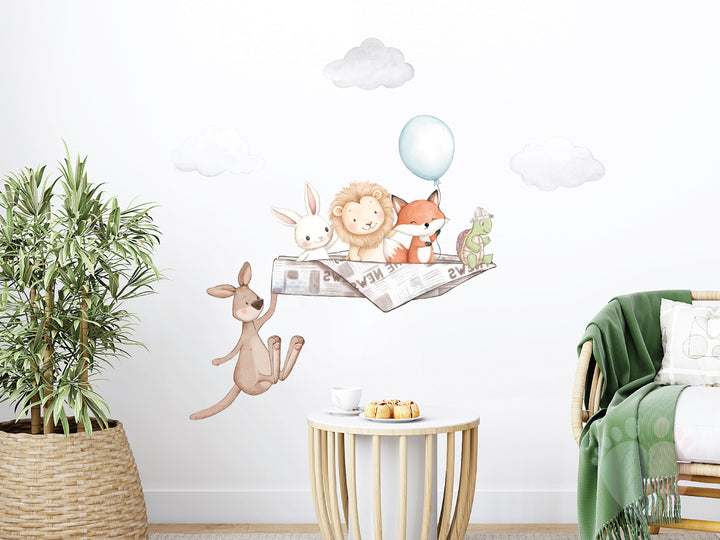 lion and fox flying paper airplane wall decal for nursery wall
