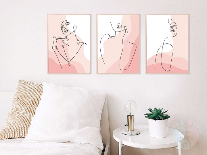 Minimalist Line Wall Prints On Archival Paper In Bedroom Setup With Three Abstract Paintings