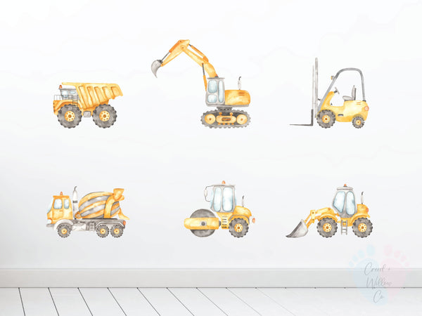 Colorful Construction Truck Decals On Wall Featuring Various Vehicles