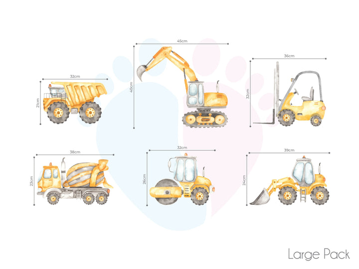 Assorted Construction Truck Wall Decals Set Against Blue Background