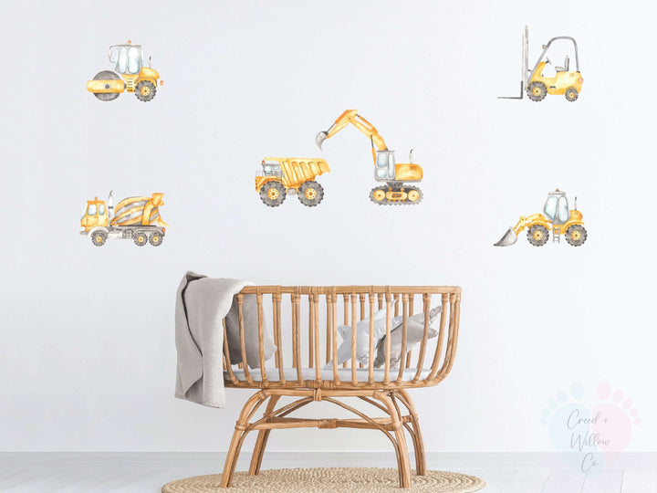 Colorful Construction Wall Decals Featuring Various Trucks On a Bedroom Wall