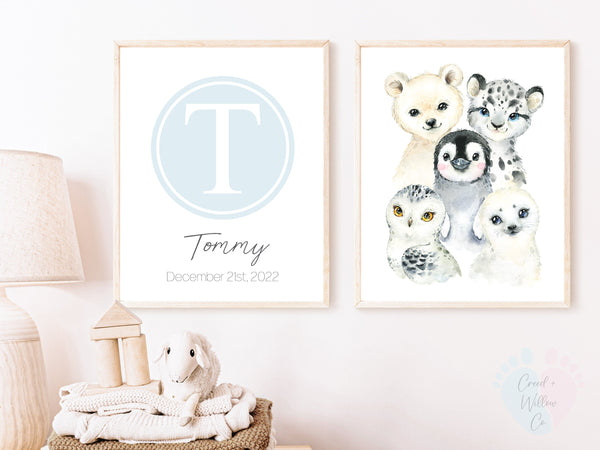 Nursery Snow Animal Wall Prints On Archival Paper Featuring Two Framed Animal Names