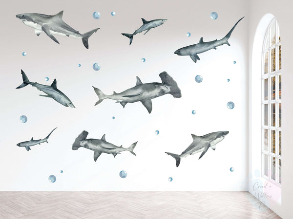 shark wall decals with bubbles and water splashes in blue and grey tones