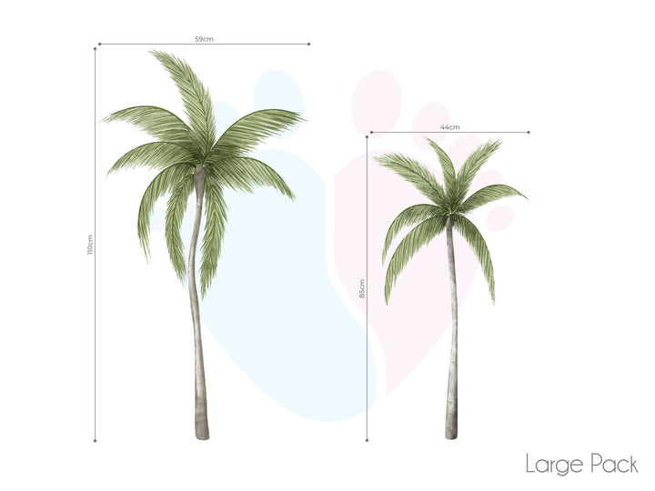 Palm Tree Wall Decals In Size Pack Shown Against a Blue Background