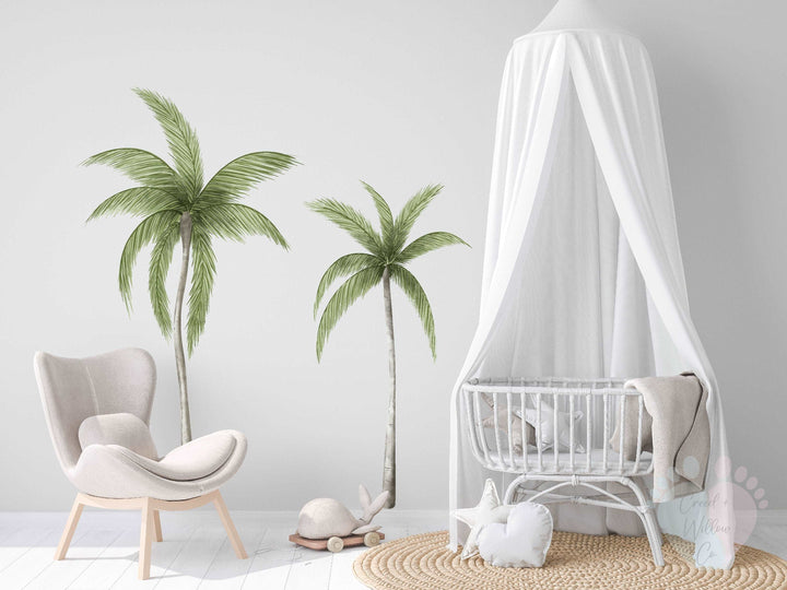 Palm Tree Wall Decals In Nursery Room With Canopy And White Crib Chair