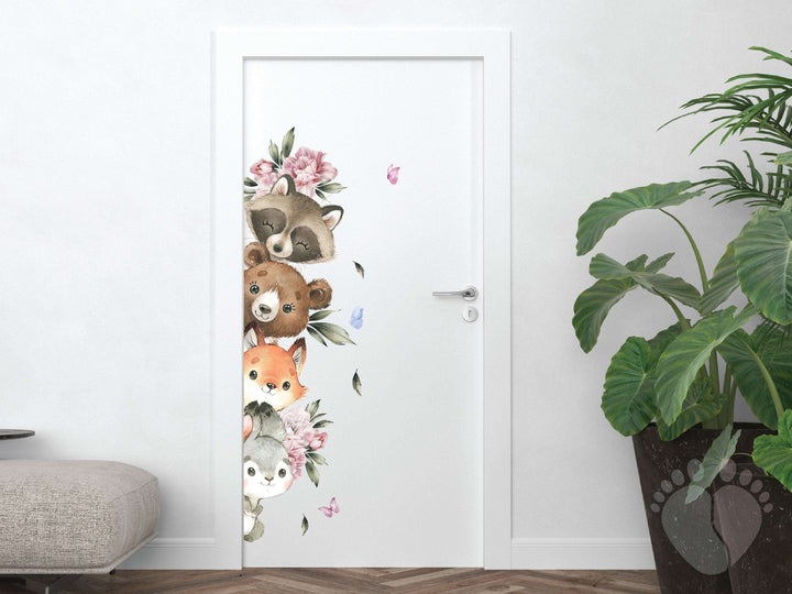 Peekaboo Woodland Animal Wall Decals Featuring Animals And Pink Florals On a Door