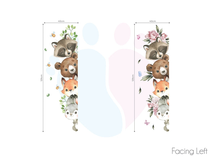 Peekaboo Woodland Animal Wall Decals Close-up With Pink Florals