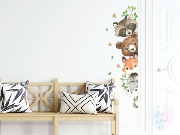 Peekaboo Woodland Animal Wall Decals With Pink Florals And Cute Critter Design