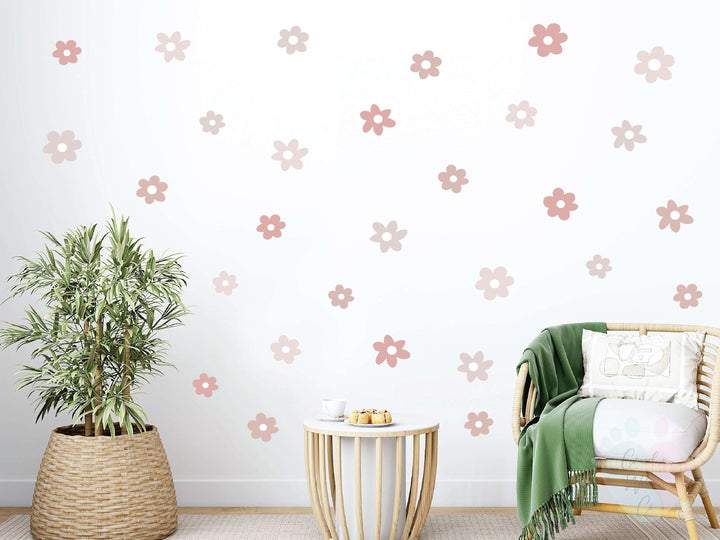 reusable peel-and-stick floral wall decal in soft pink and beige tones

