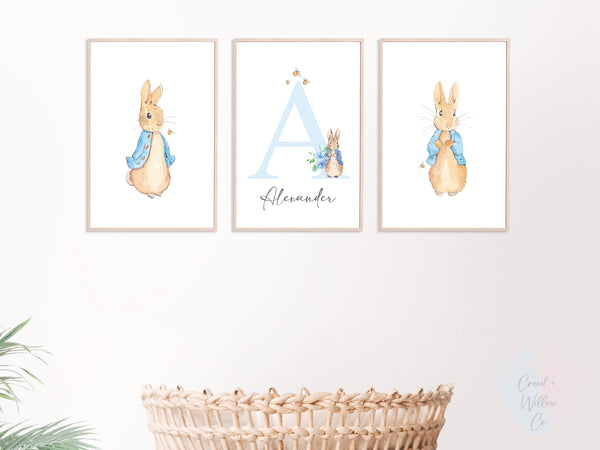 Peter Rabbit Wall Art On Archival Paper With Three Watercolor Animals Alphabet Design