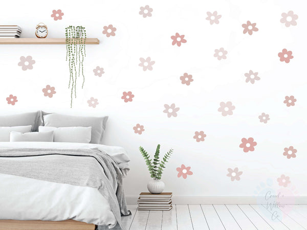 Bedroom With Pink Beige Daisy Wall Stickers Featuring Elegant Beige Flowers