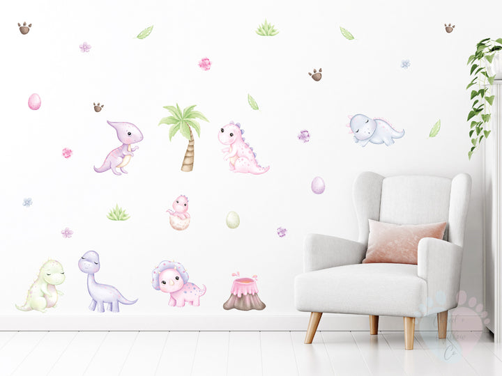 Pink Dinosaur Wall Stickers for Nursery featuring fun dinosaur-themed decals and cracked egg designs