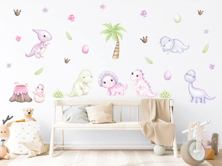 White wooden bench with cushions and a throw blanket in front of Pink Dinosaur Wall Stickers