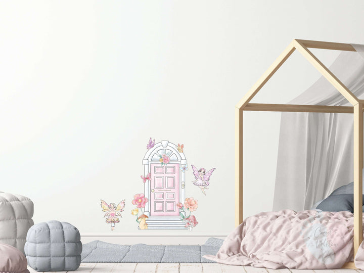 Pink Fairy Door Wall Decals Featuring a Charming Door With Flowers And Birds