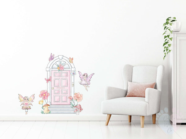Pink Fairy Door Wall Decals Featuring Birds And Flowers Design