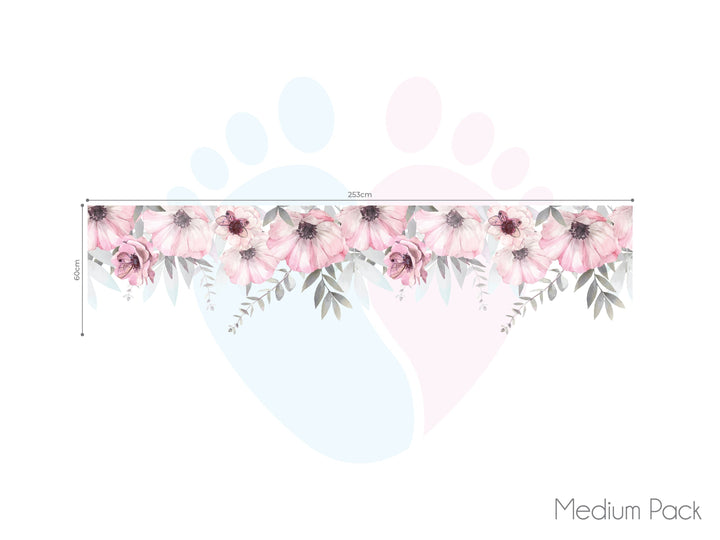 Pink Floral Border Wall Stickers Featuring Delicate Flowers And Leaves