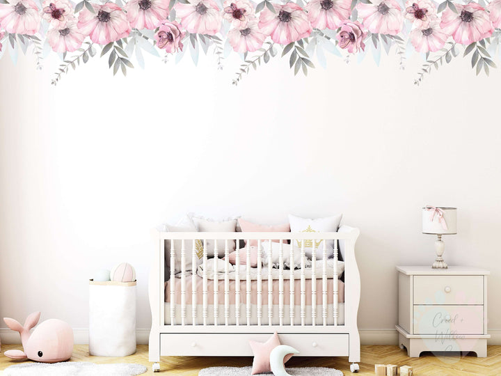 Large Pink Floral Border Wall Stickers For Nursery Decor Displayed