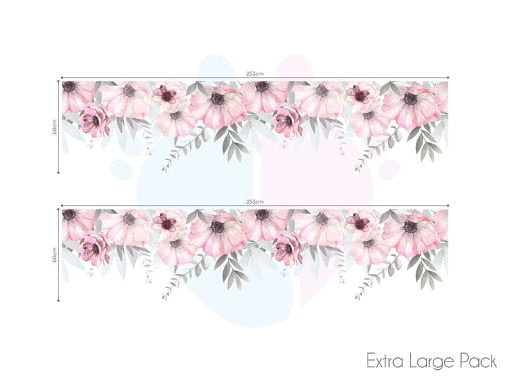 Pink Floral Border Wall Stickers Featuring Delicate Pink Flowers And Green Leaves