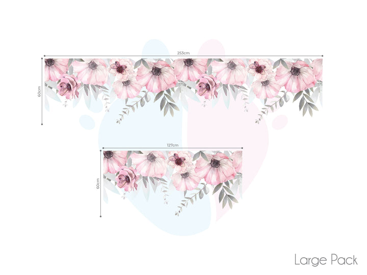 Pink Floral Border Wall Stickers In Grey And Pink Displayed On Wallpaper