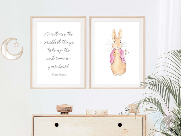 Peter Rabbit Quote Art Featuring Two Pink Prints With Inspirational Words