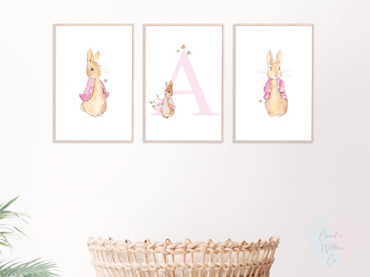 Pink Peter Rabbit Wall Art Featuring Three Bunny Nursery Prints With Letter a