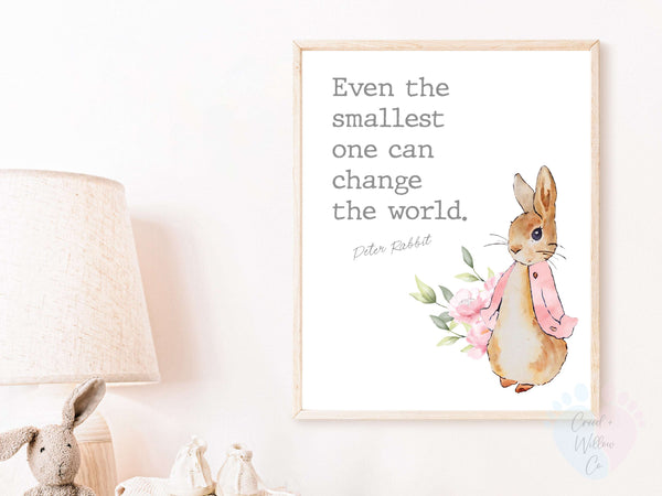 Pink Rabbit Nursery Quote Art On Canvas Paper With a Pink And Green Bunny On White Wall