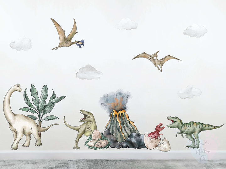 dinosaur wall decals featuring stegosaurus triceratops and brontosaurus in muted tones