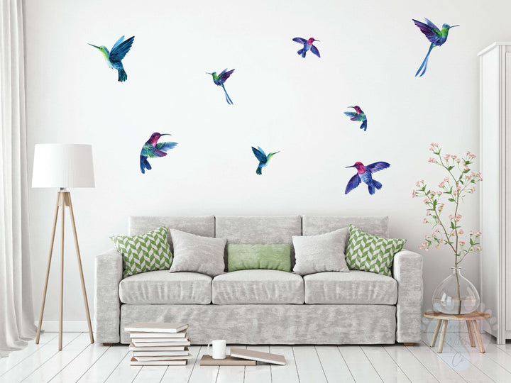 Cozy Living Room Featuring Purple Bird Wall Stickers With Hummingbirds Mural