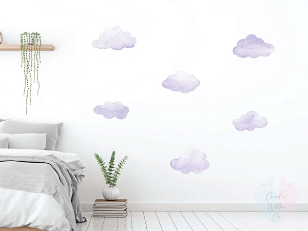 purple cloud nursery wall decal in soft pastel watercolour style
