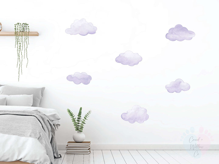 Cozy Bedroom Featuring Purple Cloud Wall Decals On a Serene Cloud-themed Wall