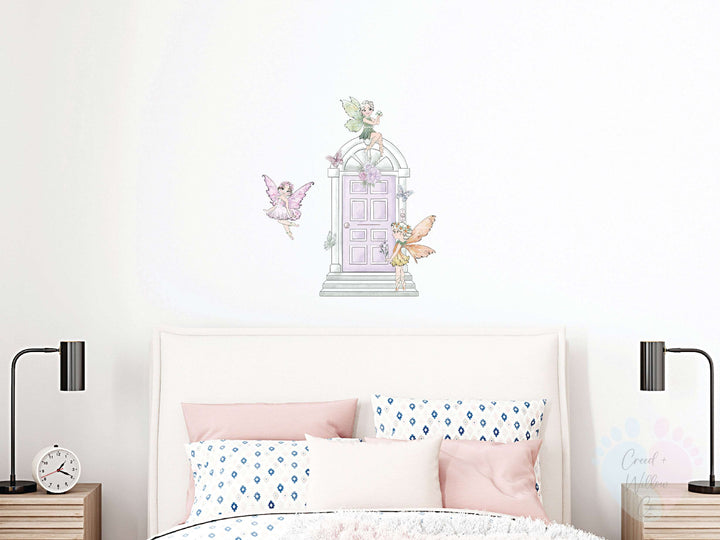 Girl’s Bedroom With White Bed, Pink Wall, And Purple Fairy Door Wall Stickers