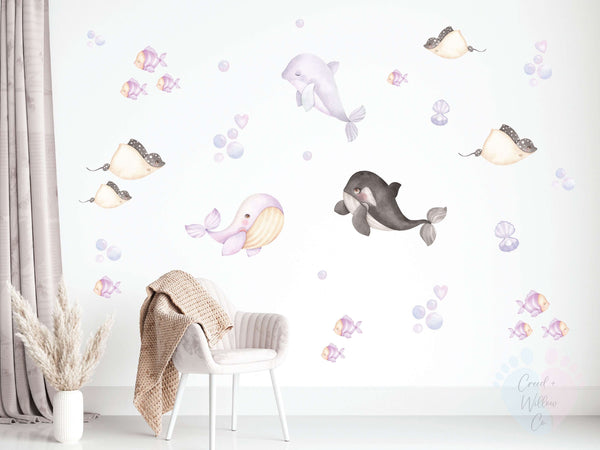 Purple Sea Life Wall Mural Featuring a Whale, 10x Fish, And Clam Shells As Stickers