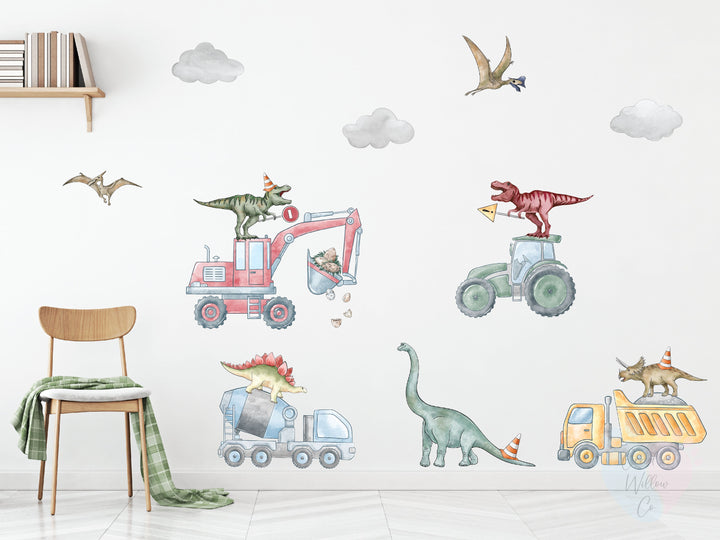 removable nursery wall decal featuring dinosaurs on construction vehicles