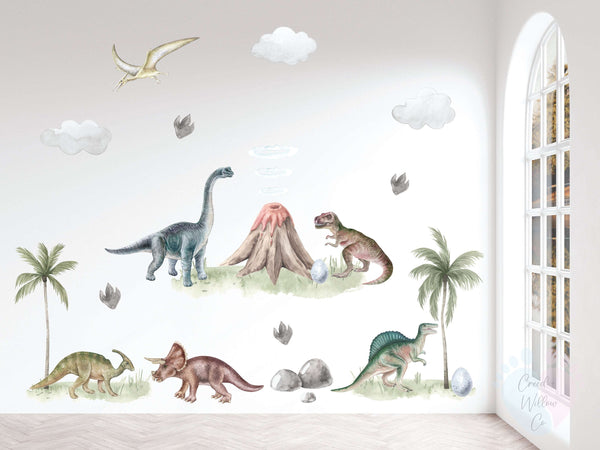 Large Removable Dinosaur Wall Decals With Grass Patches For Nursery Décor