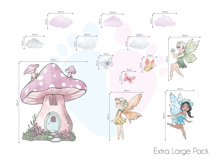 Six Fairy Wall Stickers With Pink Mushroom House And Fluffy Clouds Removable Decor